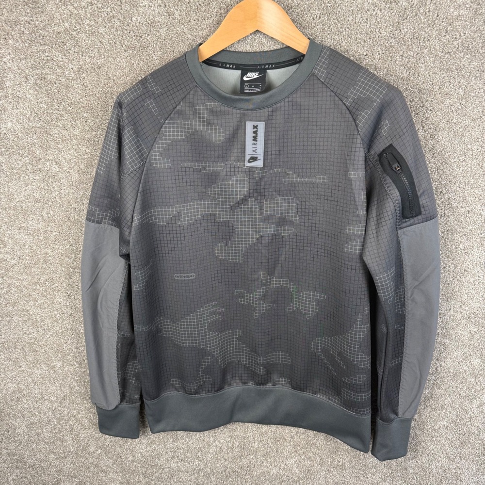 Nike Air Max Mens Grey Grid Camo Crewneck Sweatshirt Utility Arm Pocket Medium - Picture 2 of 7